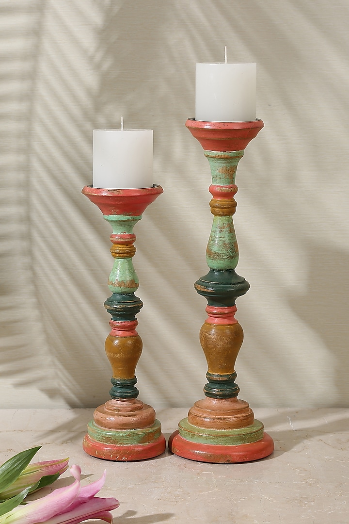 Multi-Colored Mango Wood Candle Holder (Set of 2) by Amoliconcepts