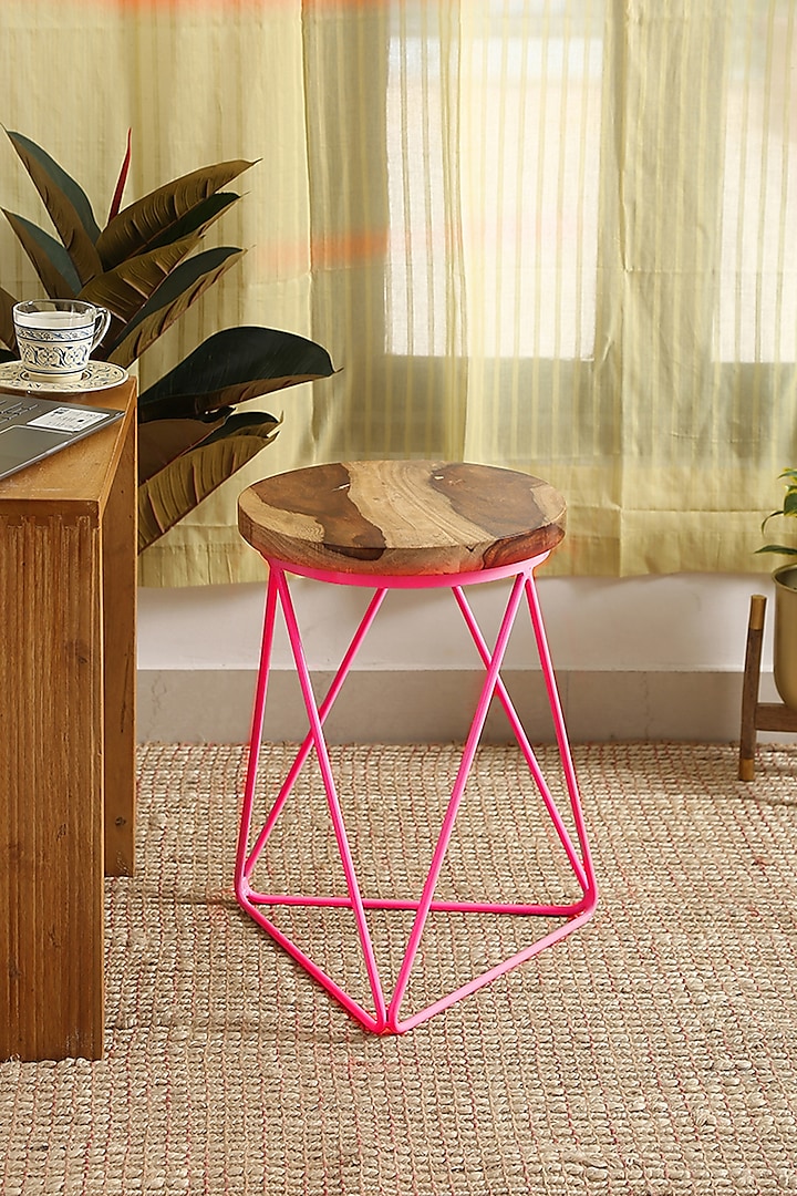 Pink Iron & Wooden Stool by Amoliconcepts