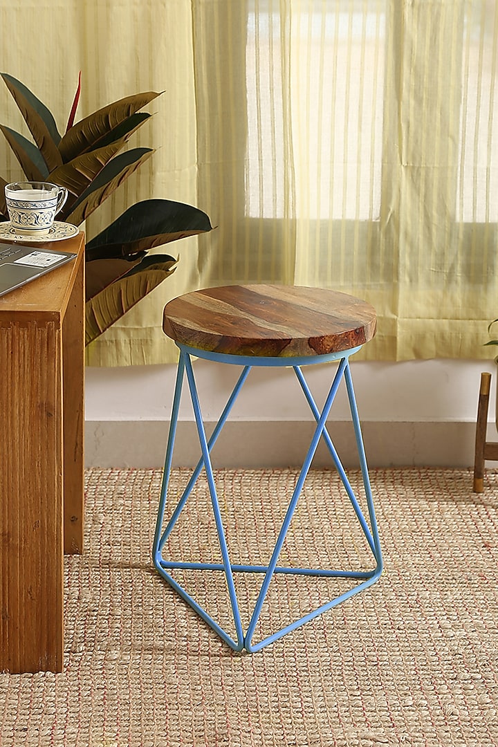 Blue Iron & Wooden Stool by Amoliconcepts
