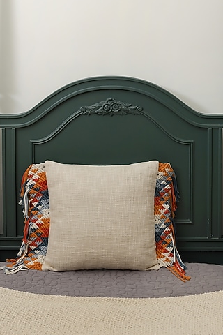 Off-White Cotton Cushion Cover With Tassels by Amoliconcepts