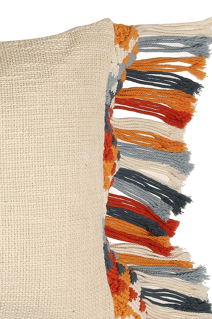 Off-White Cotton Cushion Cover With Tassels by Amoliconcepts at Pernia's Pop Up Shop