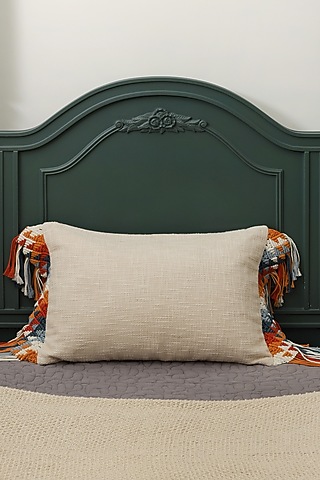Off-White Cotton Cushion Cover With Tassels by Amoliconcepts