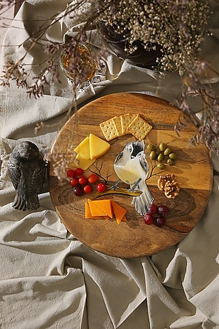 Natural Brown Mango Wood Bird Hand Painted Lazy Susan Platter by Amoliconcepts