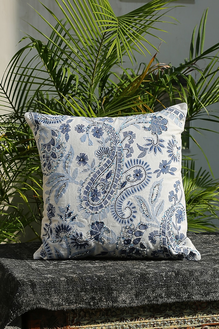 Off-White & Blue Cotton Embroidered Paisley Square Cushion Cover by Amoliconcepts at Pernia's Pop Up Shop