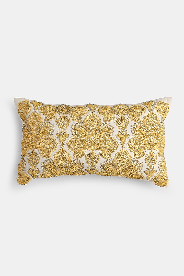 Off-White & Yellow Cotton Floral Embroidered Rectangle Cushion Cover by Amoliconcepts at Pernia's Pop Up Shop