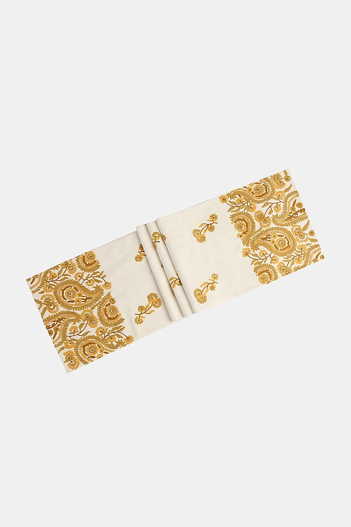 Off-White & Yellow Cotton Beads Embellished Table Runner by Amoliconcepts