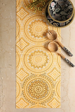 Yellow Cotton Beads Embellished Table Runner by Amoliconcepts