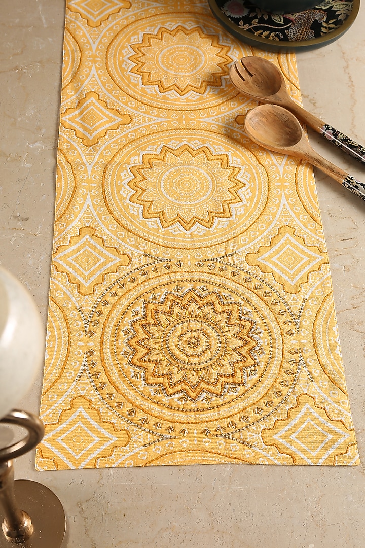 Yellow Cotton Beads Embellished Table Runner by Amoliconcepts at Pernia's Pop Up Shop