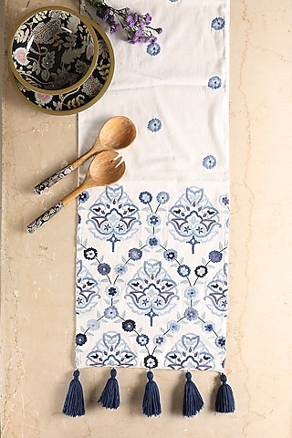 Off-White & Blue Cotton Tassels Embroidered Table Runner by Amoliconcepts