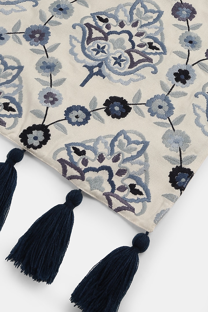 Off-White & Blue Cotton Tassels Embroidered Table Runner by Amoliconcepts at Pernia's Pop Up Shop
