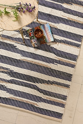 Off-White & Blue Cotton Hand Woven Table Runner by Amoliconcepts