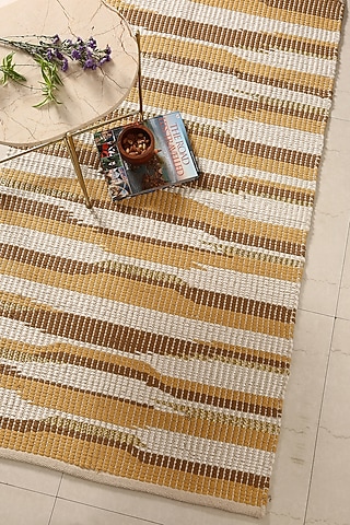 Off-White & Yellow Cotton Hand Woven Table Runner by Amoliconcepts