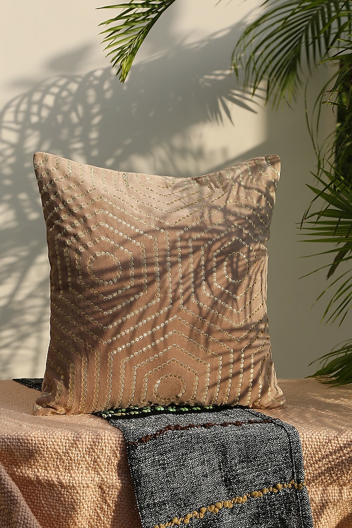 Brown Cotton Gold Embroidered Cushion Cover by Amoliconcepts