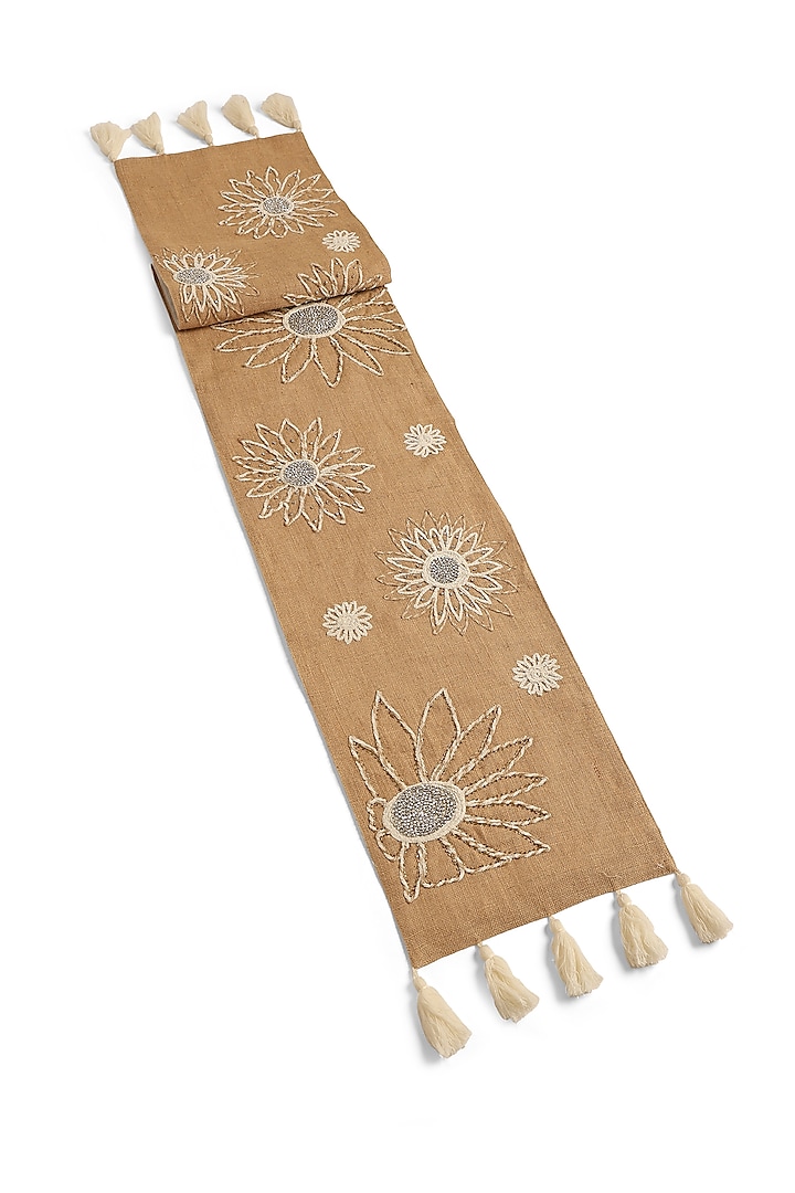 Beige Jute & Polyester Bead Embroidered Runner by Amoliconcepts at Pernia's Pop Up Shop