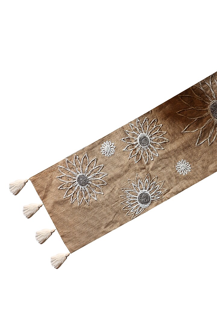 Beige Jute & Polyester Bead Embroidered Runner by Amoliconcepts at Pernia's Pop Up Shop