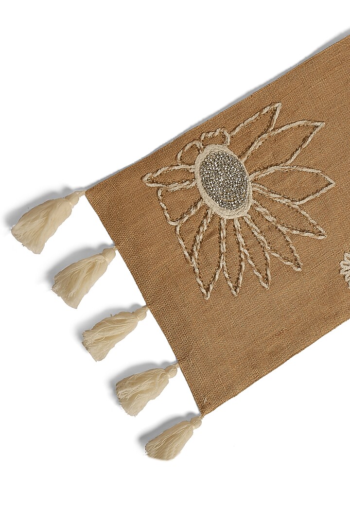 Beige Jute & Polyester Bead Embroidered Runner by Amoliconcepts at Pernia's Pop Up Shop