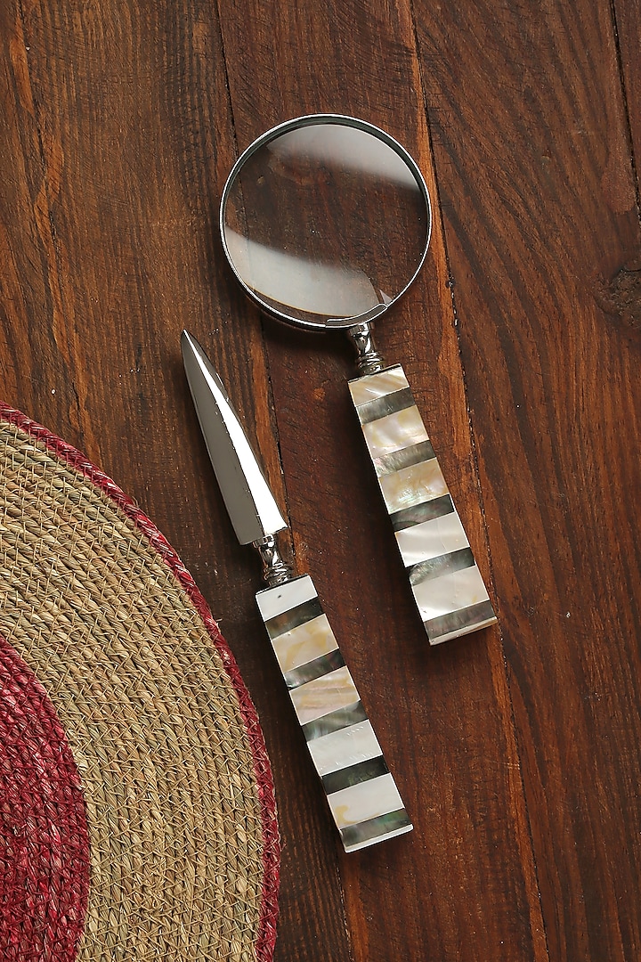 White & Silver Brass Magnifying Glass & Knife Gift Set Design by