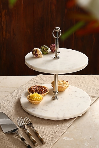White & Silver Marble Two Tier Cake Stand by Amoliconcepts