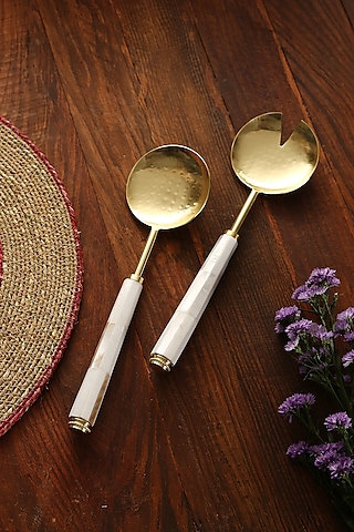 Gold & White Stainless Steel Salad Serving Set by Amoliconcepts
