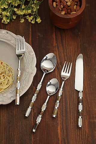 Multi-Colored Stainless Steel & Brass Cutlery Set by Amoliconcepts