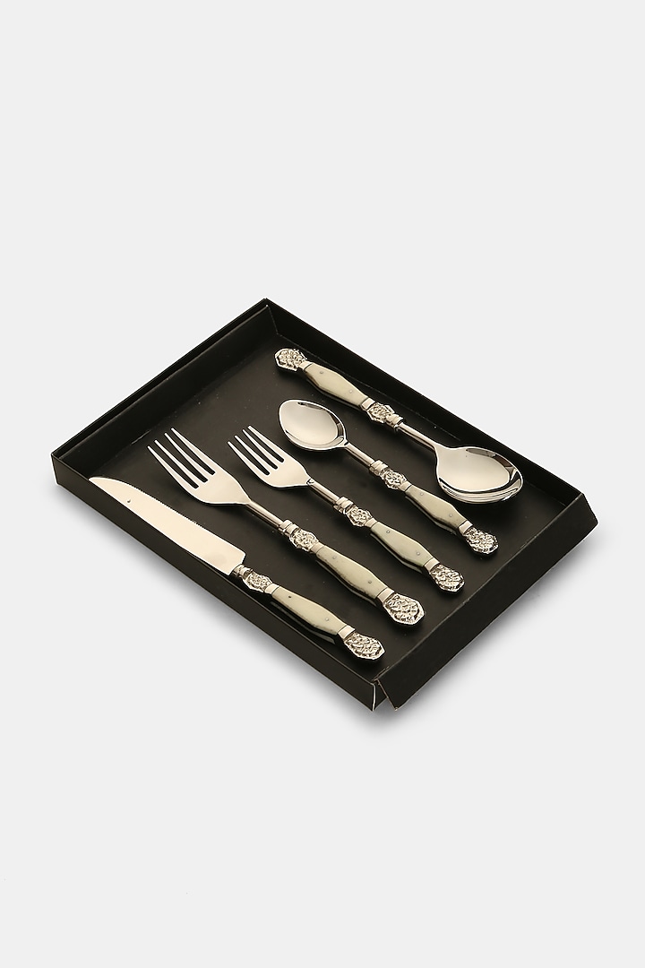 Silver & Off-white Stainless Steel Cutlery Set by Amoliconcepts at Pernia's Pop Up Shop