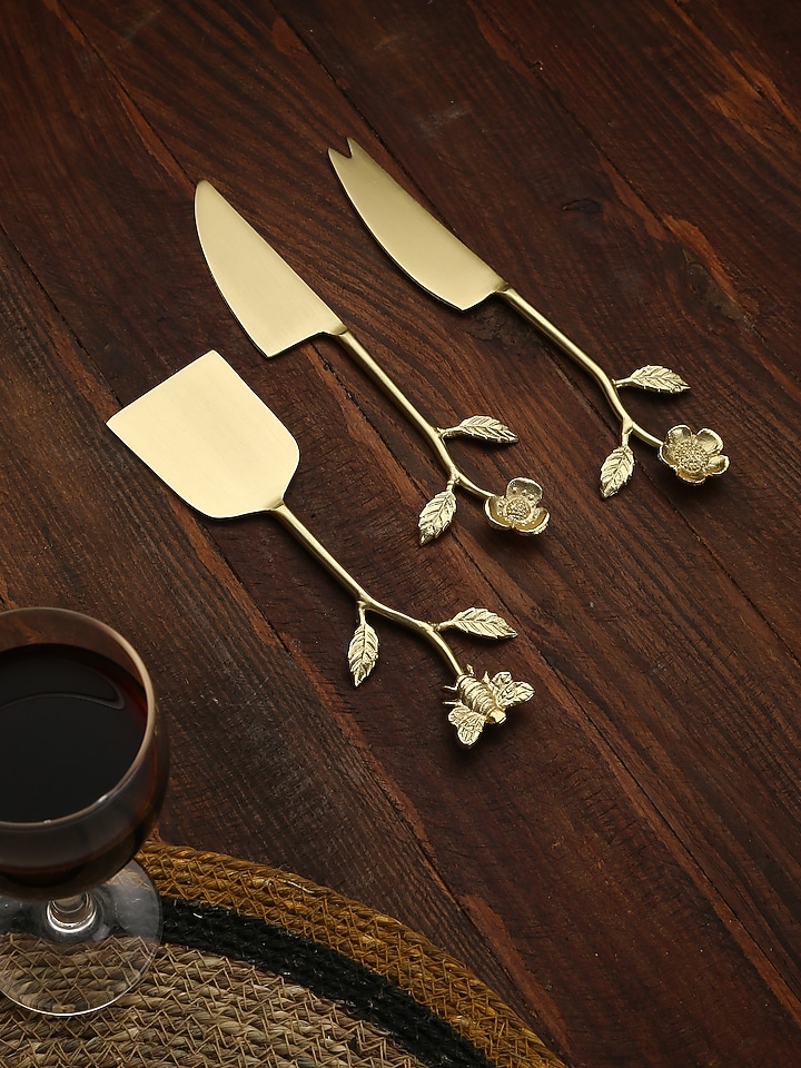 Gold Stainless Steel & Brass Cheese Set by Amoliconcepts at Pernia's Pop Up Shop