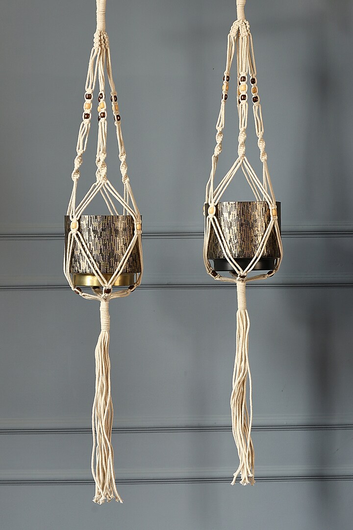 Off-White Cotton & Beads Planters (Set of 2) by Amoliconcepts at Pernia's Pop Up Shop