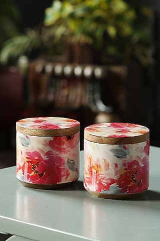 Multi-colored Mango Wood Enameling Jars ( Set of 2) by Amoliconcepts