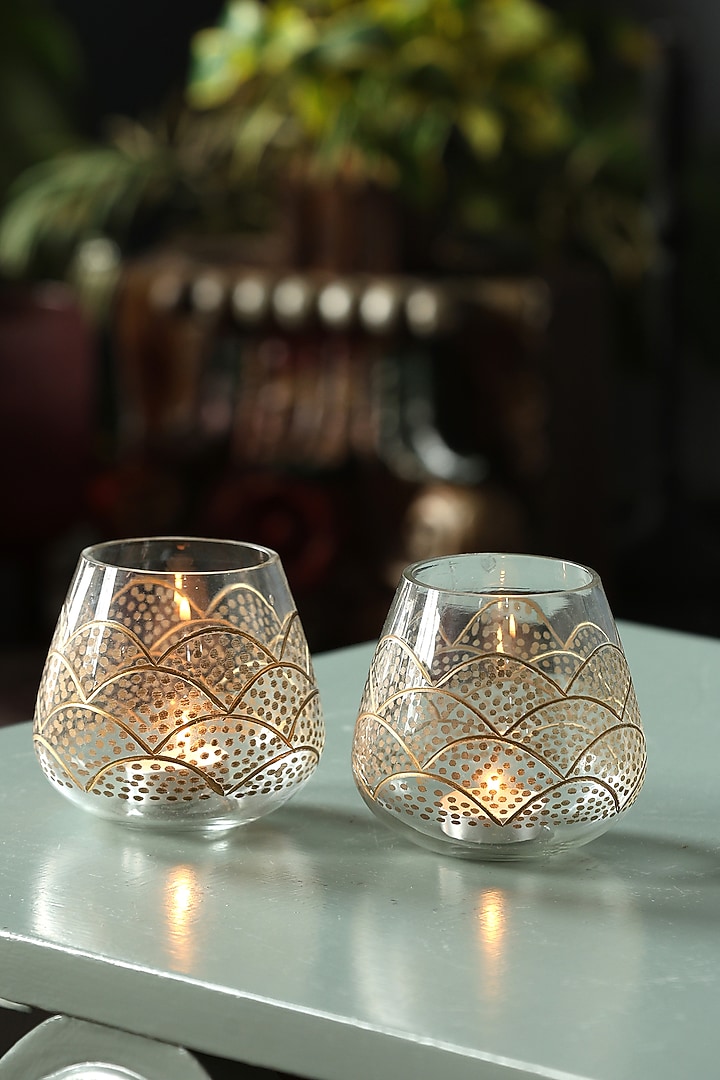Gold Tone Glass Hand-Painted Candle Holder (Set of 2) by Amoliconcepts at Pernia's Pop Up Shop