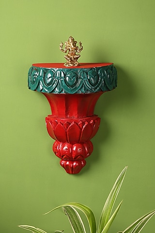Red & Green Wood Handcrafted Wall Shelf by Amoliconcepts