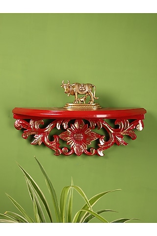 Red & Gold Wood Handcrafted Wall Shelf by Amoliconcepts