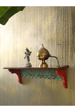 Vintage Green & Red Mango Wood Handcrafted Wall Shelf by Amoliconcepts
