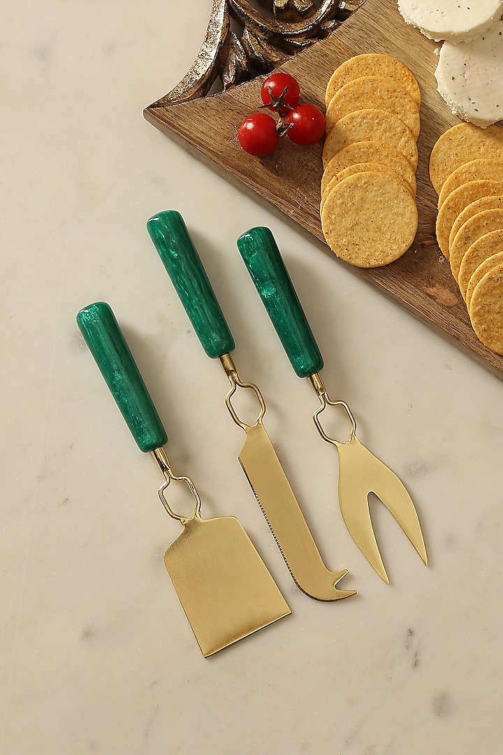 Gold & Green Stainless Steel Cheese Set (Set of 3) by Amoliconcepts