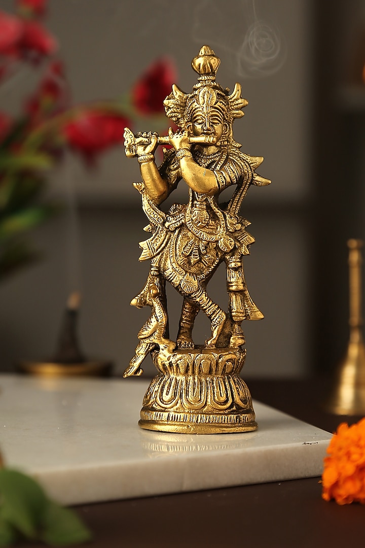 Antique Gold Krishna Playing Flute Idol by Amoliconcepts