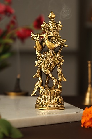 Antique Gold Krishna Playing Flute Idol by Amoliconcepts