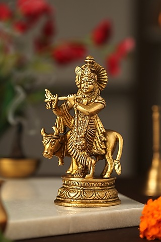 Antique Gold Krishna With Cow Idol by Amoliconcepts