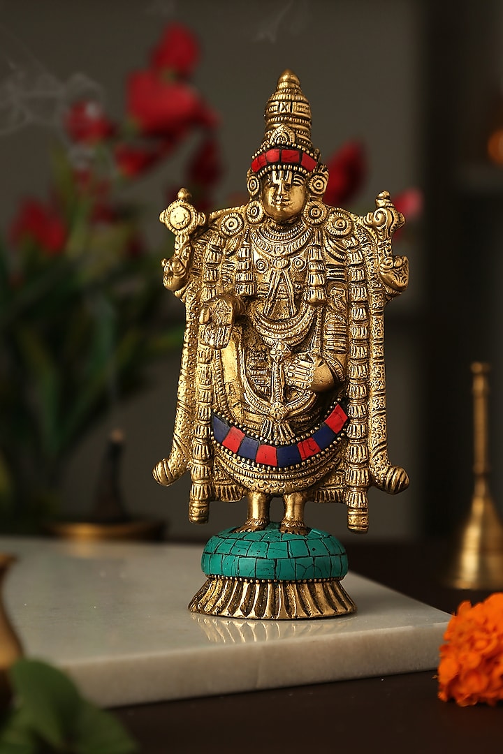 Antique Gold Lord Balaji Idol With Multi-Colored Semi-Precious Stones by Amoliconcepts