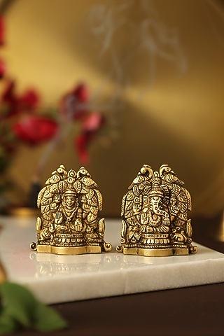 Antique Gold Laxmi & Ganesha Idols With Peacock Detailing (Set of 2) by Amoliconcepts