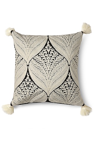 Black & Ivory Embroidered Cushion Cover With Tassels by Amoliconcepts