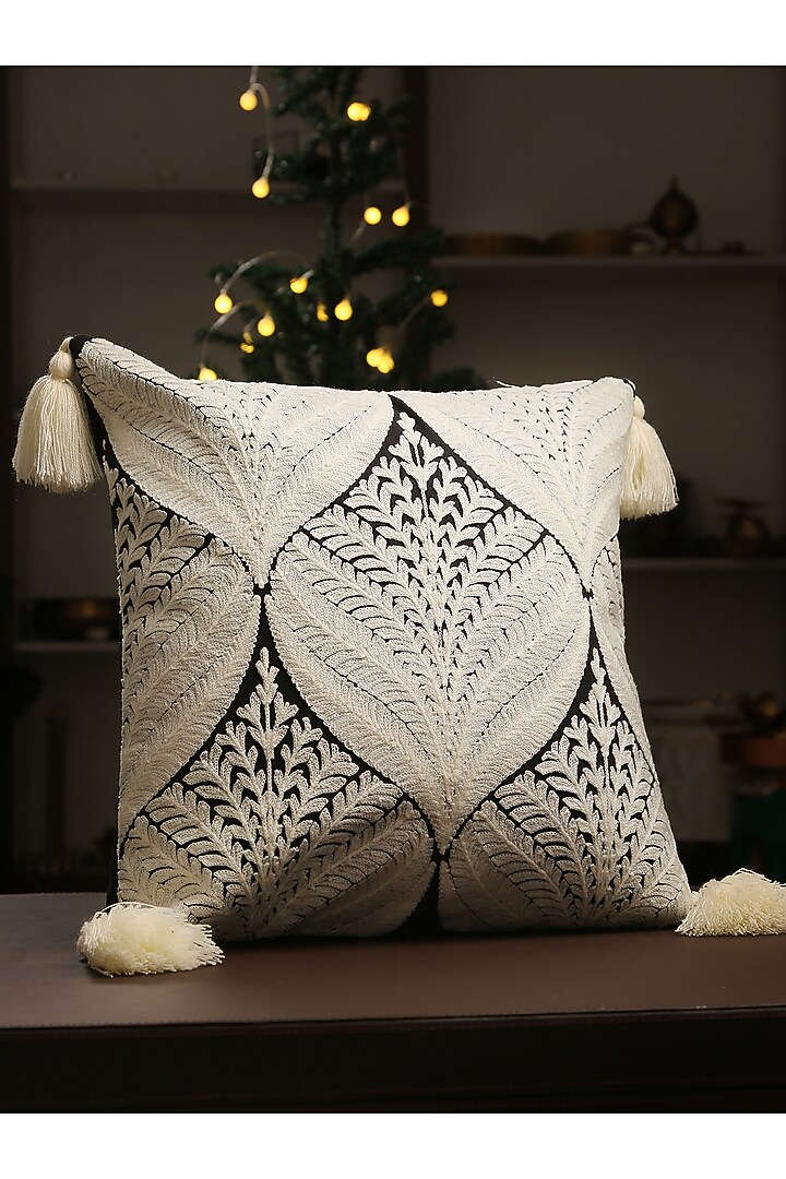 Black & Ivory Embroidered Cushion Cover With Tassels by Amoliconcepts at Pernia's Pop Up Shop