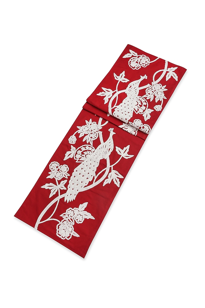 Red & White Embroidered Runner With A Peacock Design by Amoliconcepts at Pernia's Pop Up Shop