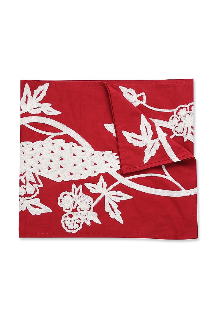 Red & White Embroidered Runner With A Peacock Design by Amoliconcepts at Pernia's Pop Up Shop