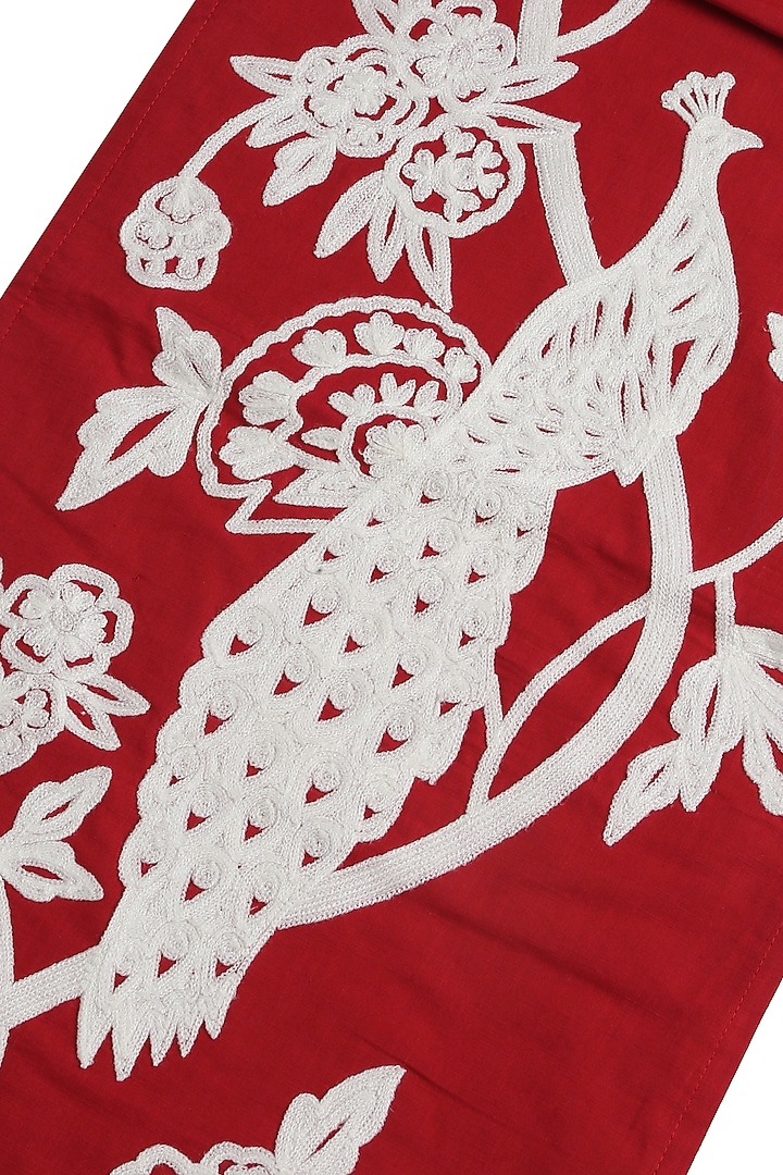 Red & White Embroidered Runner With A Peacock Design by Amoliconcepts at Pernia's Pop Up Shop