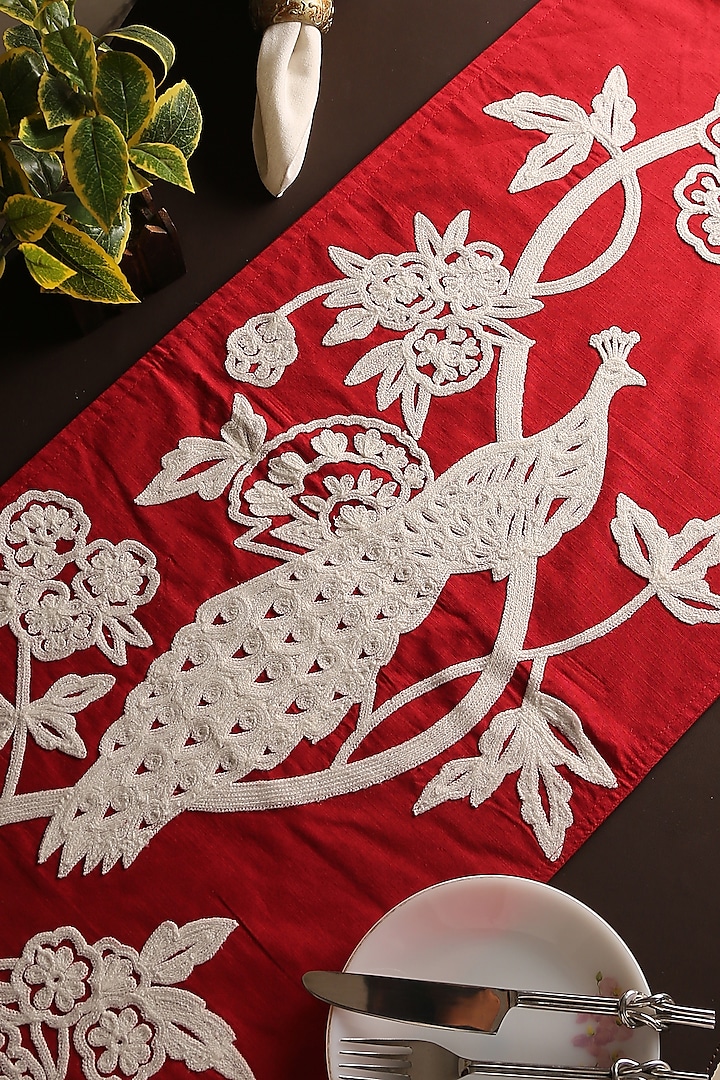 Red & White Embroidered Runner With A Peacock Design by Amoliconcepts at Pernia's Pop Up Shop