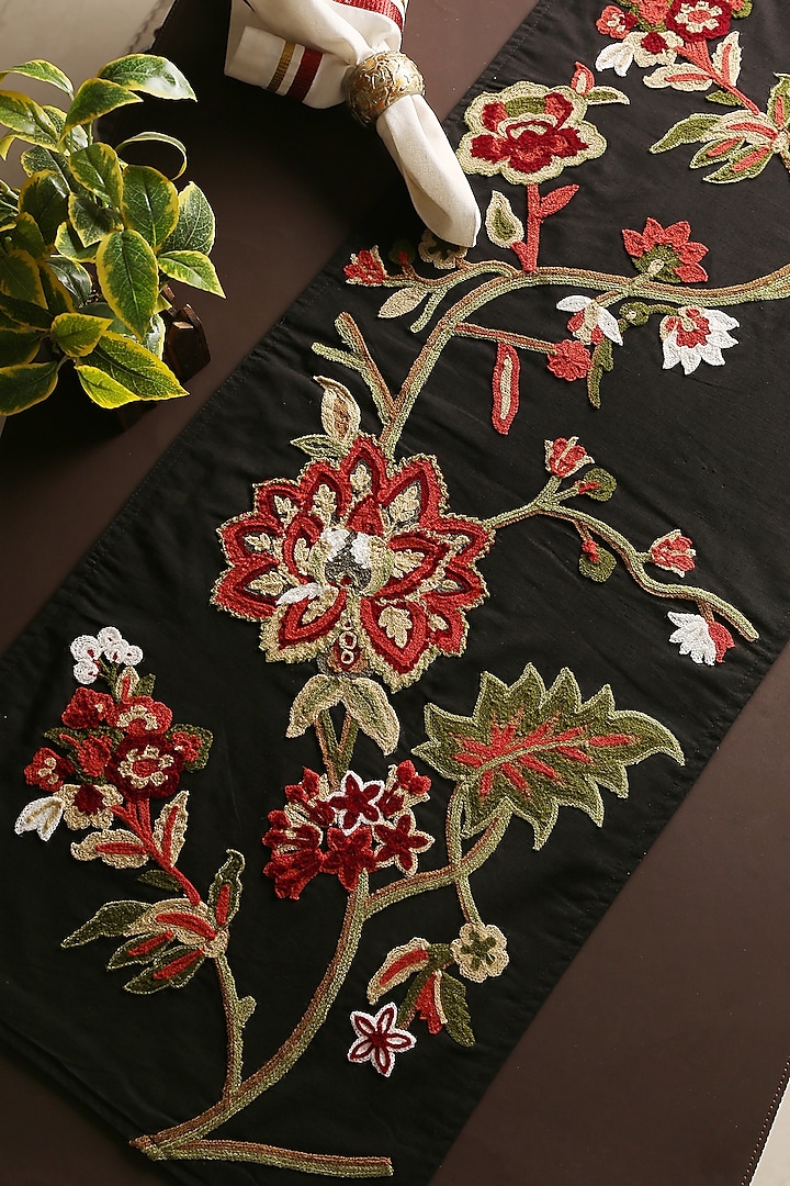 Black Embroidered Runner With Colorful Flower Pattern by Amoliconcepts