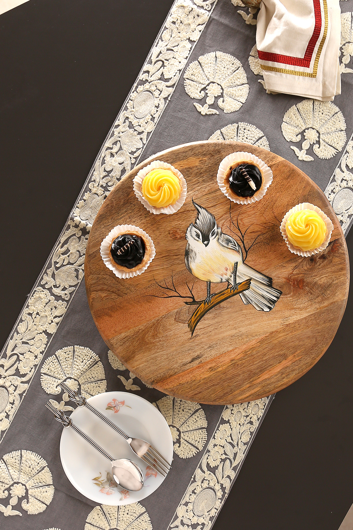 Natural Bird Pattern Painted Lazy Susan Tray In Mango Wood by Amoliconcepts at Pernia's Pop Up Shop