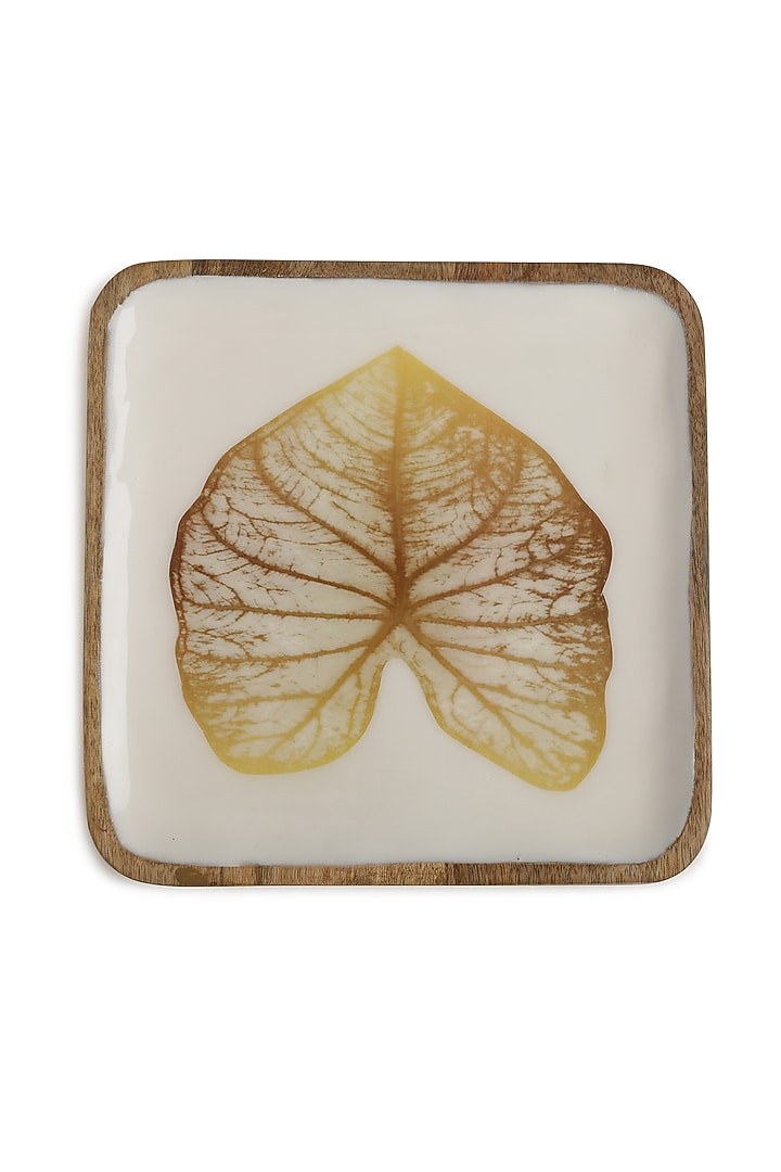 White Enamel Finish Mango Wooden Platter With Gold Leaf Design by Amoliconcepts at Pernia's Pop Up Shop
