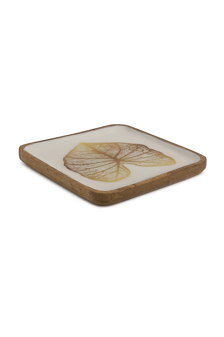 White Enamel Finish Mango Wooden Platter With Gold Leaf Design by Amoliconcepts at Pernia's Pop Up Shop
