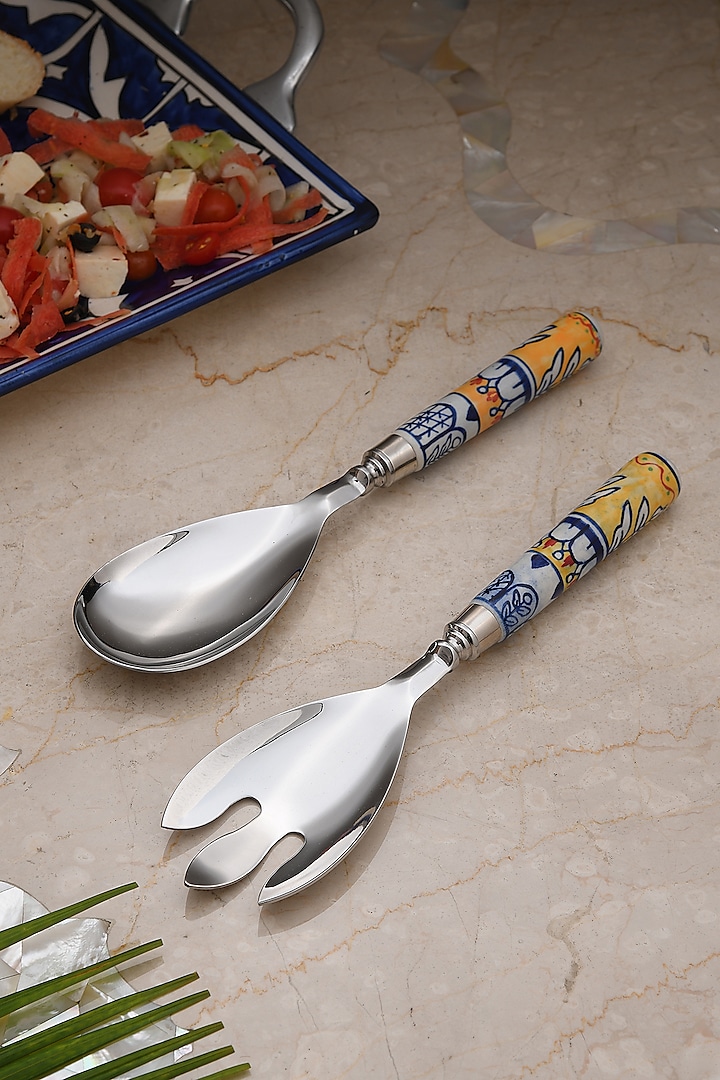 Yellow & Blue Hand Painted Salad Servers (Set of 2) by Amoliconcepts