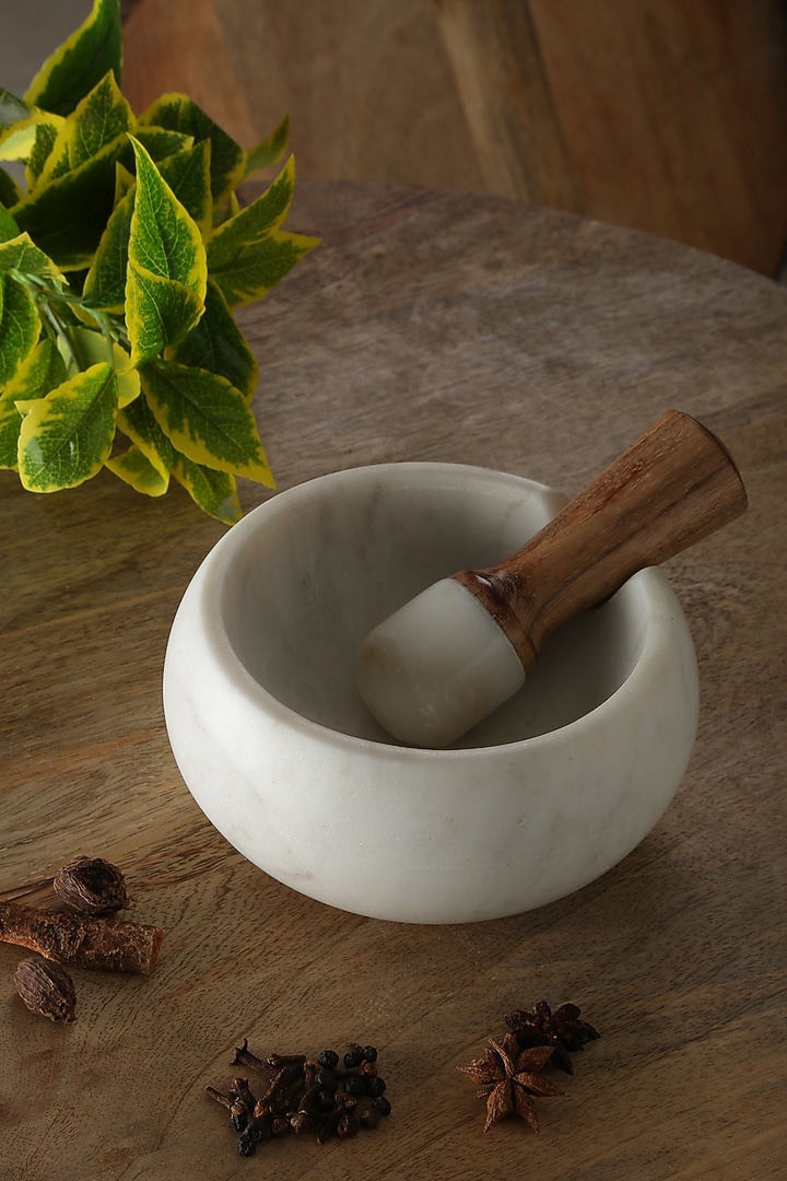 White Marble Mortar & Pestle With Wooden Handle by Amoliconcepts at Pernia's Pop Up Shop